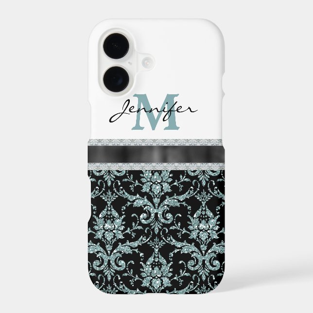 Faux Glitter Aqua Damask Monogram Case-Mate iPhone Case (Back)