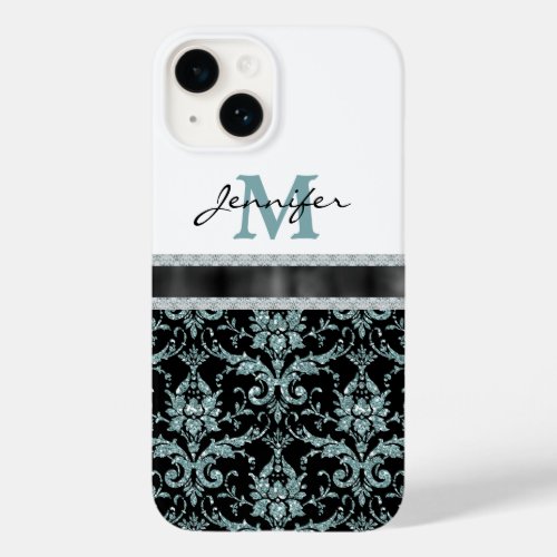 Faux Glitter Aqua Damask Monogram Case_Mate iPhone 14 Case