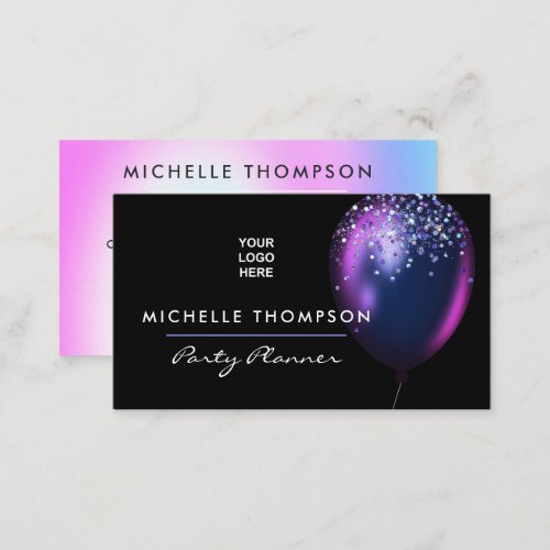 Faux Glitter Balloon Party Planner Business Card