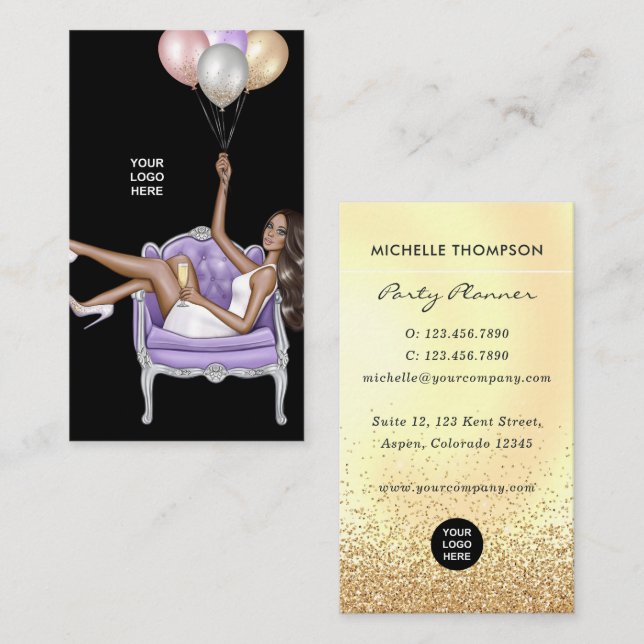 Faux Glitter Balloon Party Planner Business Card (Front/Back)