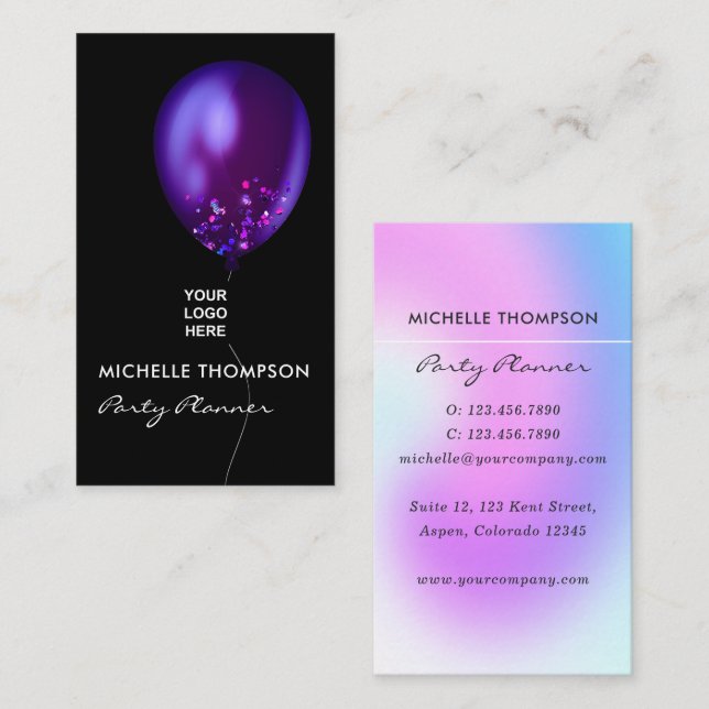Faux Glitter Balloon Party Planner Business Card (Front/Back)