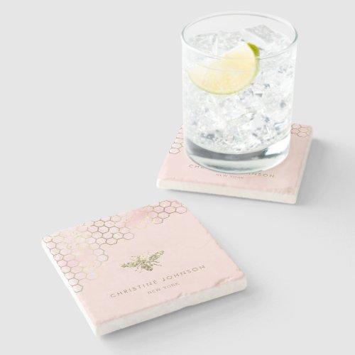 faux glitter bee gradient blush pink stone coaster