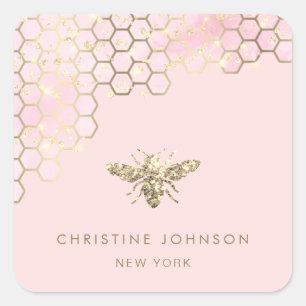 faux glitter bee on blush pink square sticker