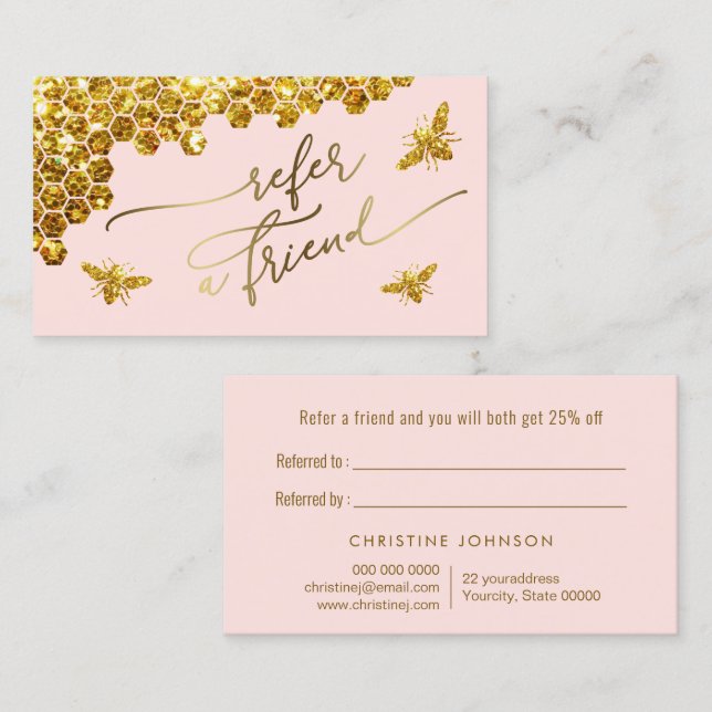 faux glitter bee on pink referral card (Front/Back)