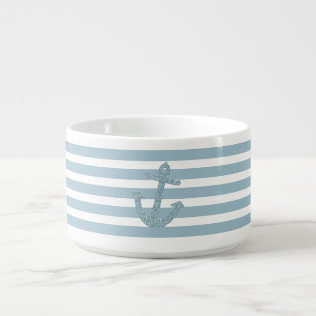 Faux Glitter Blue Anchor with Stripes Bowl (Center)