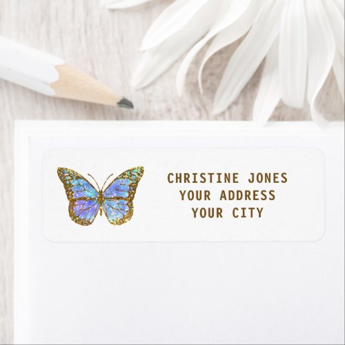 faux glitter blue butterfly label