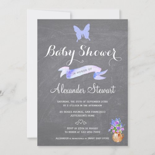 Faux glitter blue butterfly ribbon baby boy shower invitation