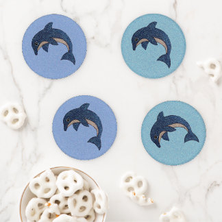 Faux Glitter Blue White Jumping Dolphin on Blues Coaster Set