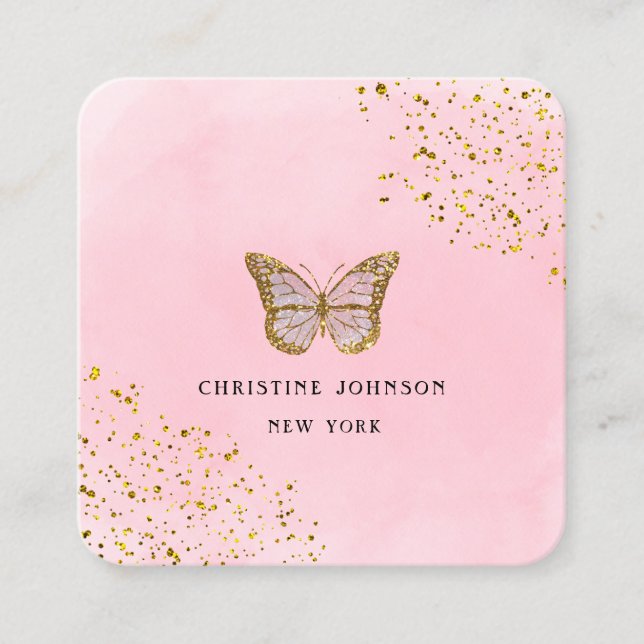 faux glitter butterfly on pink watercolor  square business card (Front)