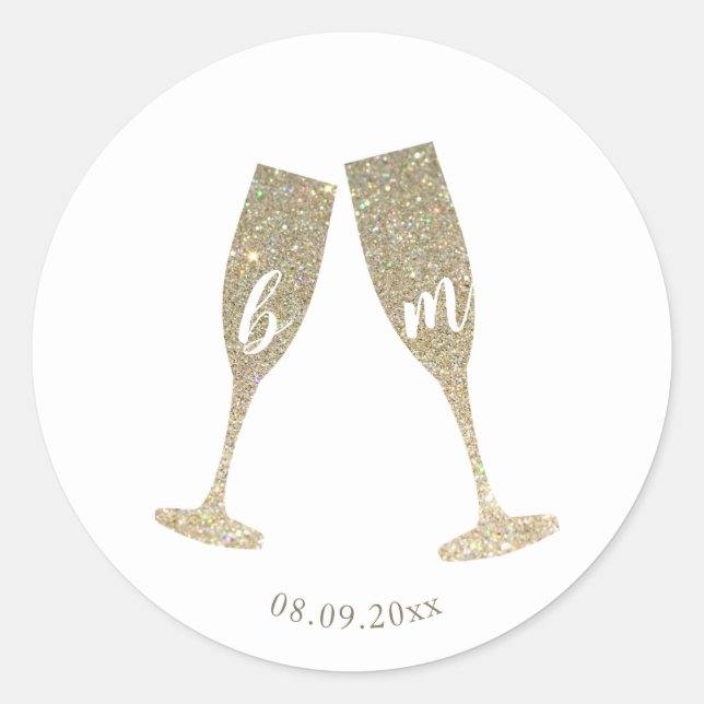 Faux Glitter Champagne Glasses Wedding Sticker (Front)