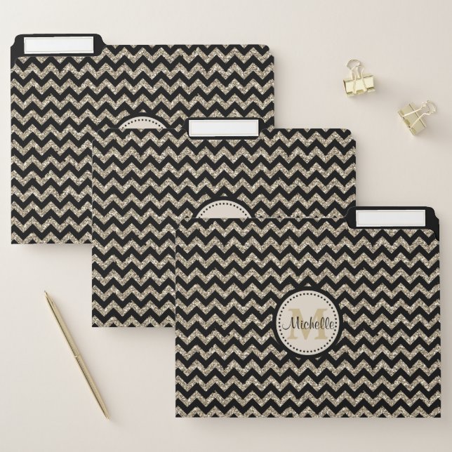 Faux Glitter Chevron Gold Monogram File Folder (Set)