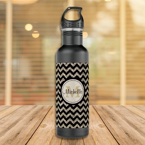 Faux Glitter Chevron Monogram Water Bottle