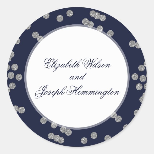 FAUX Glitter confetti navy and silver wedding Classic Round Sticker (Front)