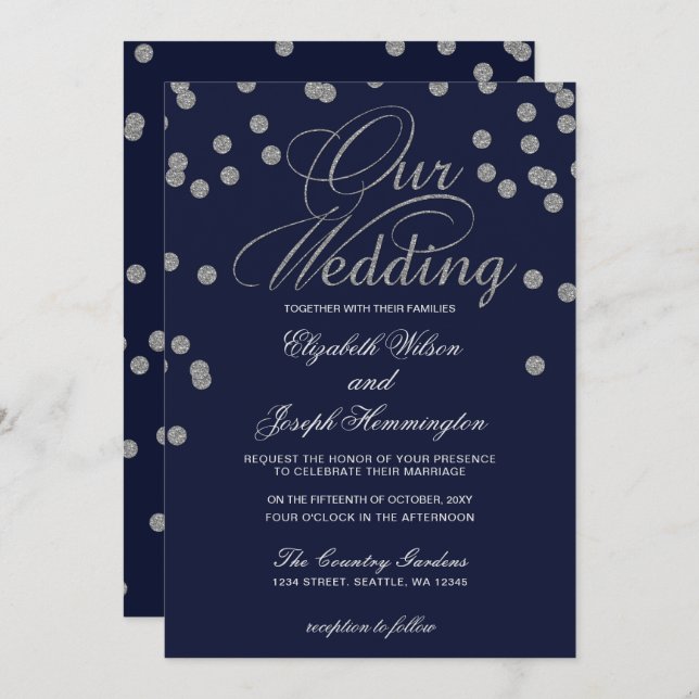 FAUX Glitter confetti navy and silver wedding Invitation (Front/Back)