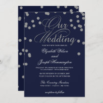 FAUX Glitter confetti navy and silver wedding Invitation