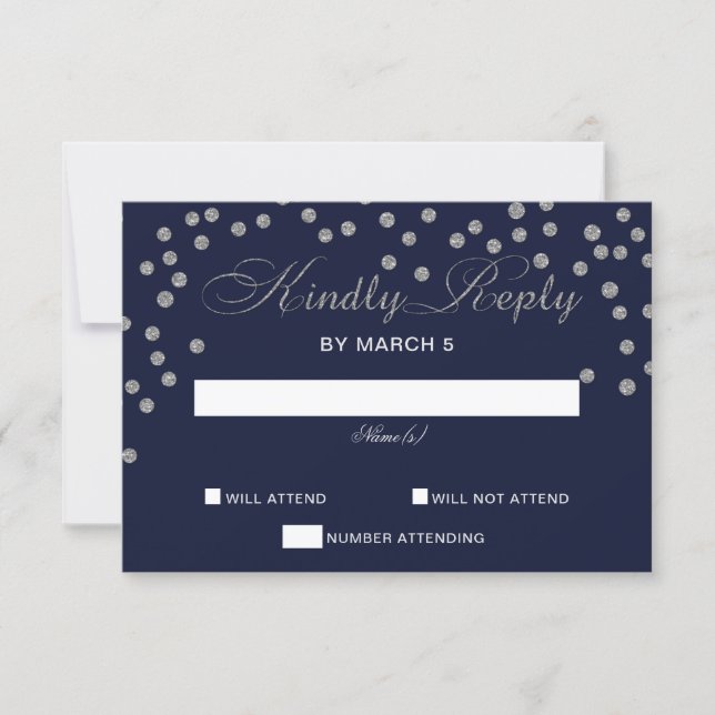 FAUX Glitter confetti navy and silver wedding rsvp (Front)