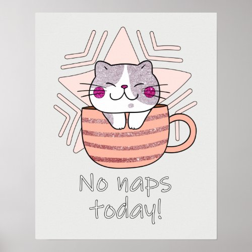 Faux Glitter Cute Cat in Coffee Mug Poster