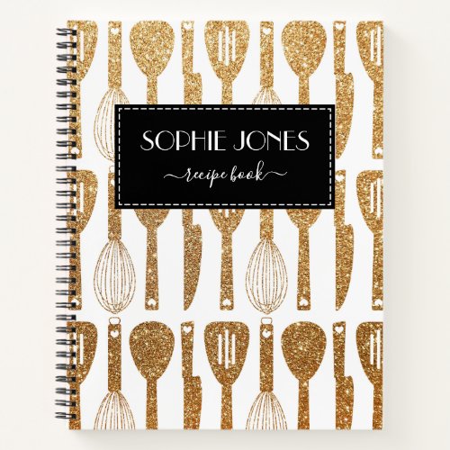 Faux Glitter Cute Kitchen Utensils Pattern Recipe Notebook