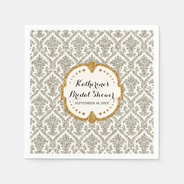Faux Glitter Damask Bridal Shower Party Decor Paper Napkins (Front)