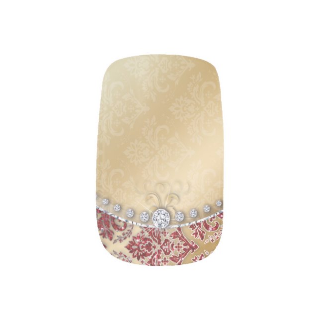 Faux Glitter Damask Pattern Red Gold India Minx Nail Wraps (Left Thumb)