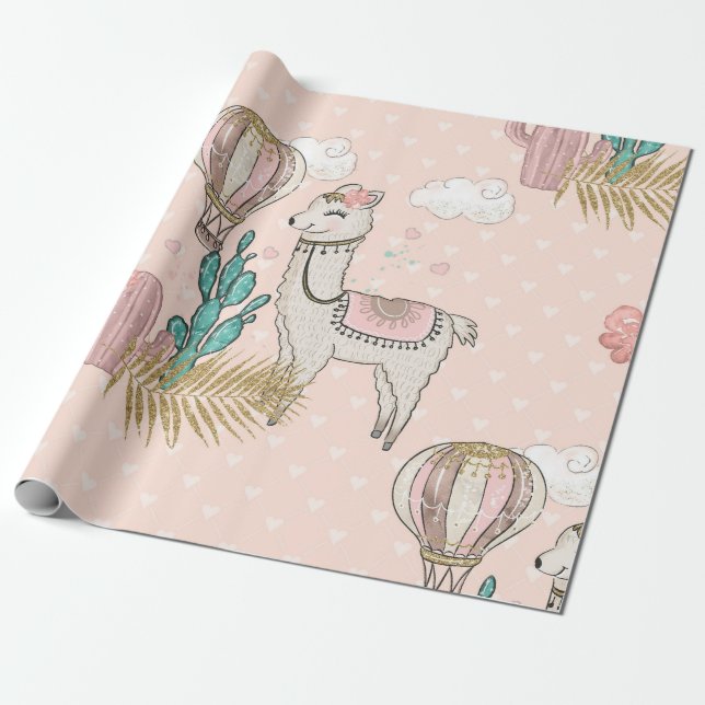 Faux Glitter Desert Steampunk Llama Wrapping Paper (Unrolled)