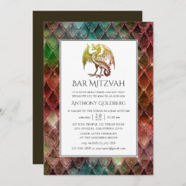 Faux Glitter Dragon themed Bar Mitzvah Invitation