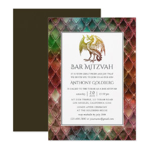 Faux Glitter Dragon themed Bar Mitzvah Invitation