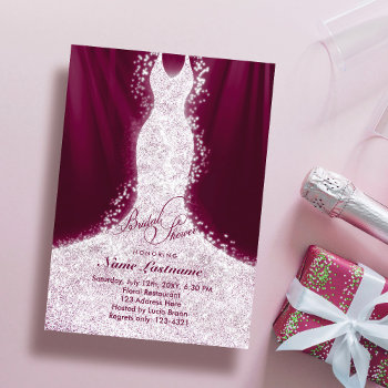 Faux Glitter Dress Burgundy Bridal Shower Invite by pinkpinetree at Zazzle