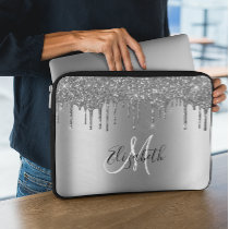 Faux Glitter Drips Metal  Monogram Trendy  Laptop Sleeve