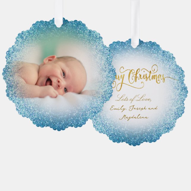 faux glitter effect new baby boy ornament card (Front/Back)