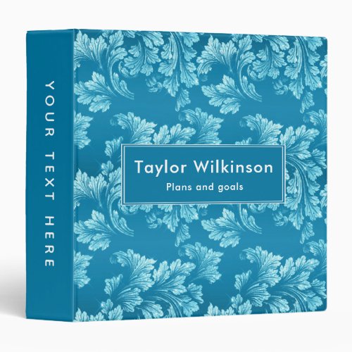 Faux Glitter Elegant Floral Leaves on Blue 3 Ring Binder