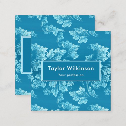 Faux Glitter Elegant Floral Leaves on Blue Square Business Card