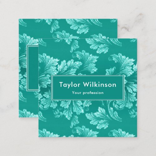 Faux Glitter Elegant Floral Leaves on Green Square Business Card