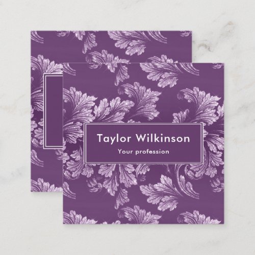 Faux Glitter Elegant Floral Leaves on Purple Square Business Card