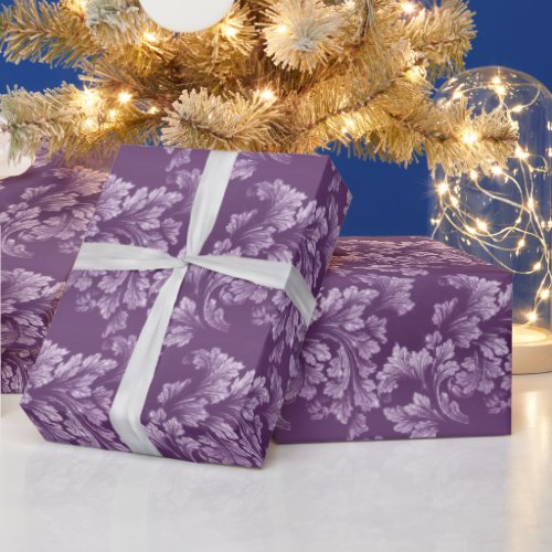 Faux Glitter Elegant Floral Leaves on Purple Wrapping Paper
