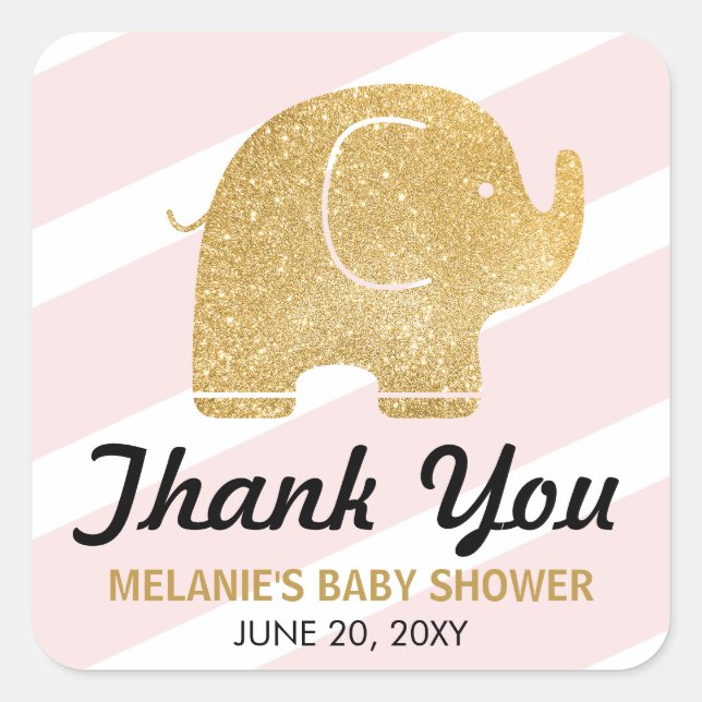 Faux Glitter Elephant Pink Thank You Stickers (Front)