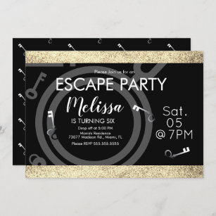 Faux Glitter Escape Room Birthday Party Black Gold Invitation