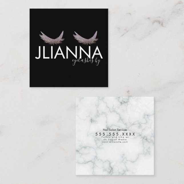 Faux Glitter Eyelashes Salon Black White   Square Business Card (Front/Back)
