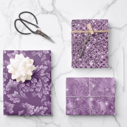 Faux Glitter Flowers and Sequins on Purple Wrapping Paper Sheets