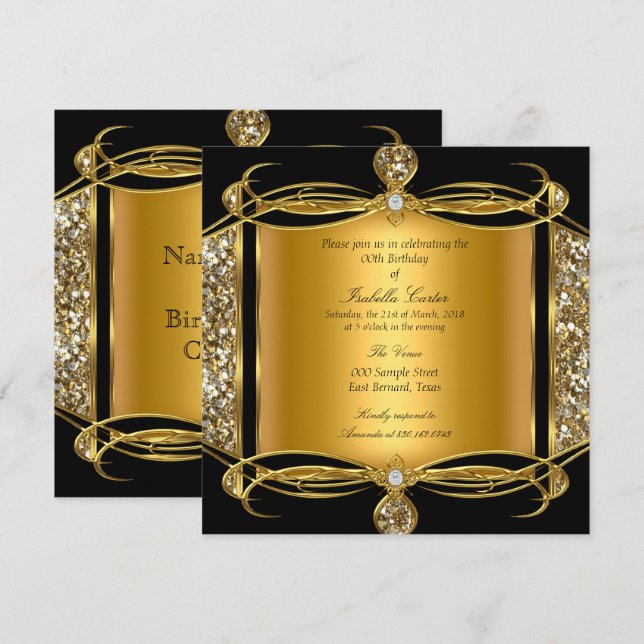 Faux Glitter Gold Diamond Black Birthday Party Invitation (Front/Back)