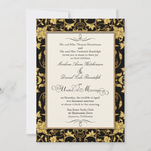 Faux Glitter Gold Floral Damask Formal Wedding Invitation