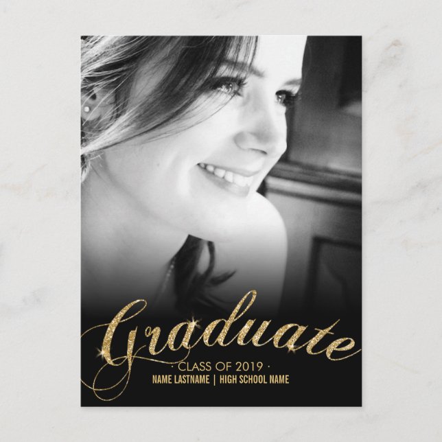 Faux Glitter Gold Graduate Photo Postcard Invite (Front)