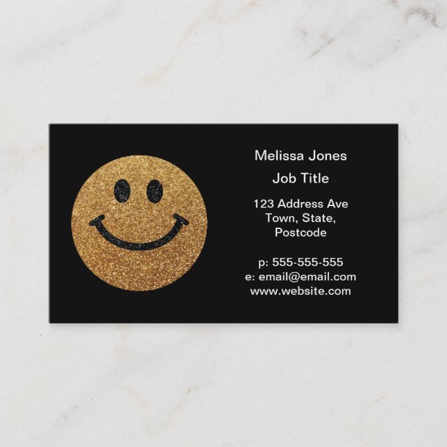 Faux Glitter Gold Happy Face - matte sparkles Business Card (Front)