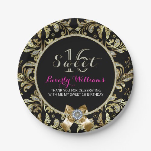 Faux Glitter  Gold Lace On Black Sweet 16 2 Paper Plates