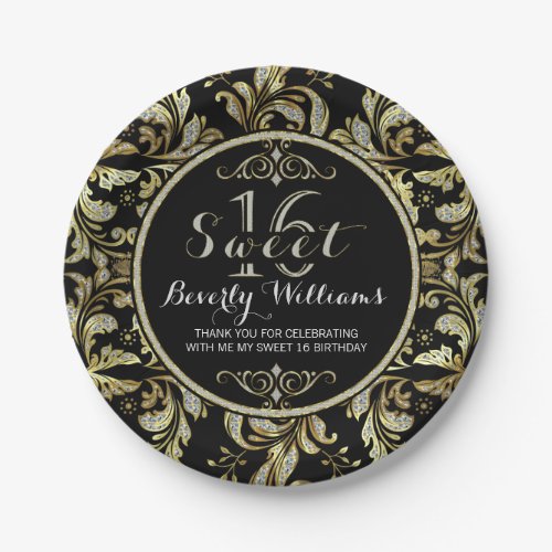 Faux Glitter  Gold Lace On Black Sweet 16 Paper Plates