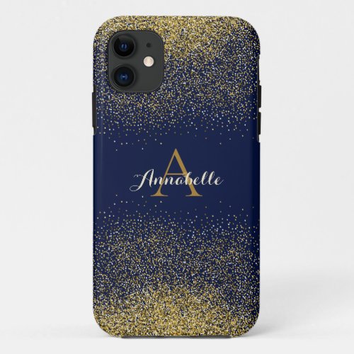 Faux Glitter Gold Monogram Name iPhone 11 Case