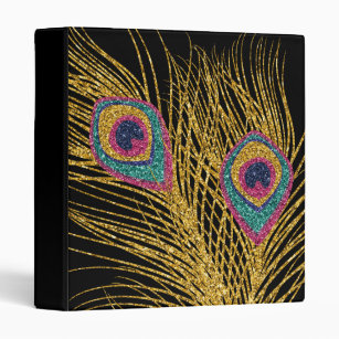 Faux Glitter Gold Peacock Feathers Binder