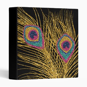 Faux Glitter Gold Peacock Feathers Binder by glamgoodies at Zazzle