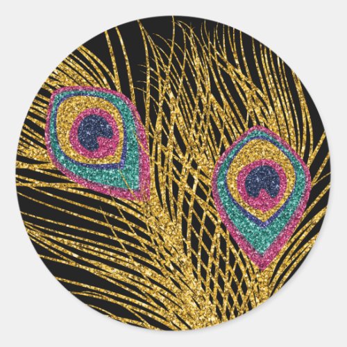 Faux Glitter Gold Peacock Feathers Classic Round Sticker