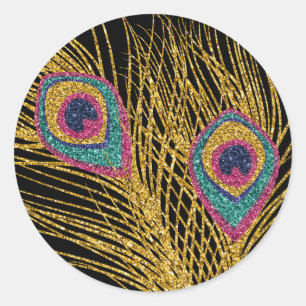 Faux Glitter Gold Peacock Feathers Classic Round Sticker